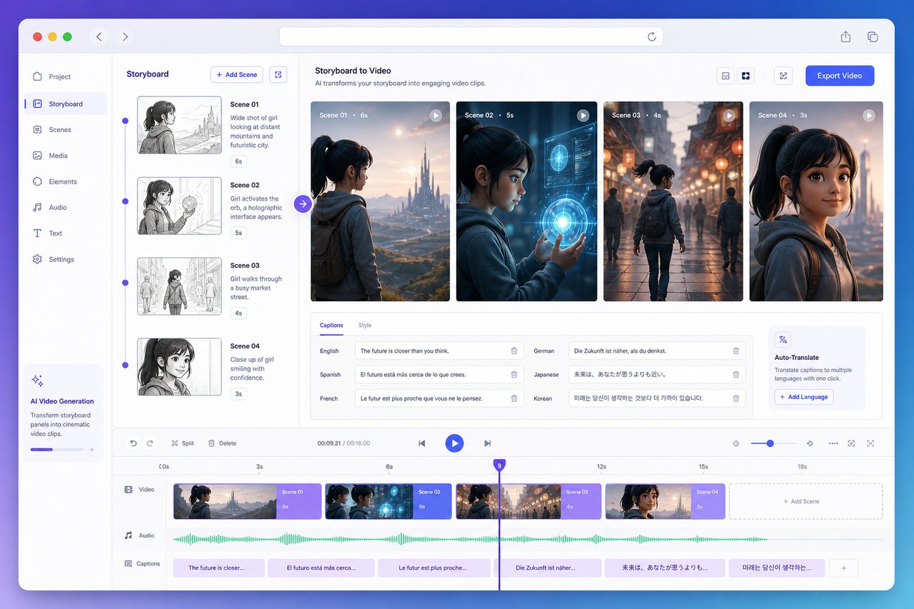 AI storyboard, character and multilingual video workflow illustration